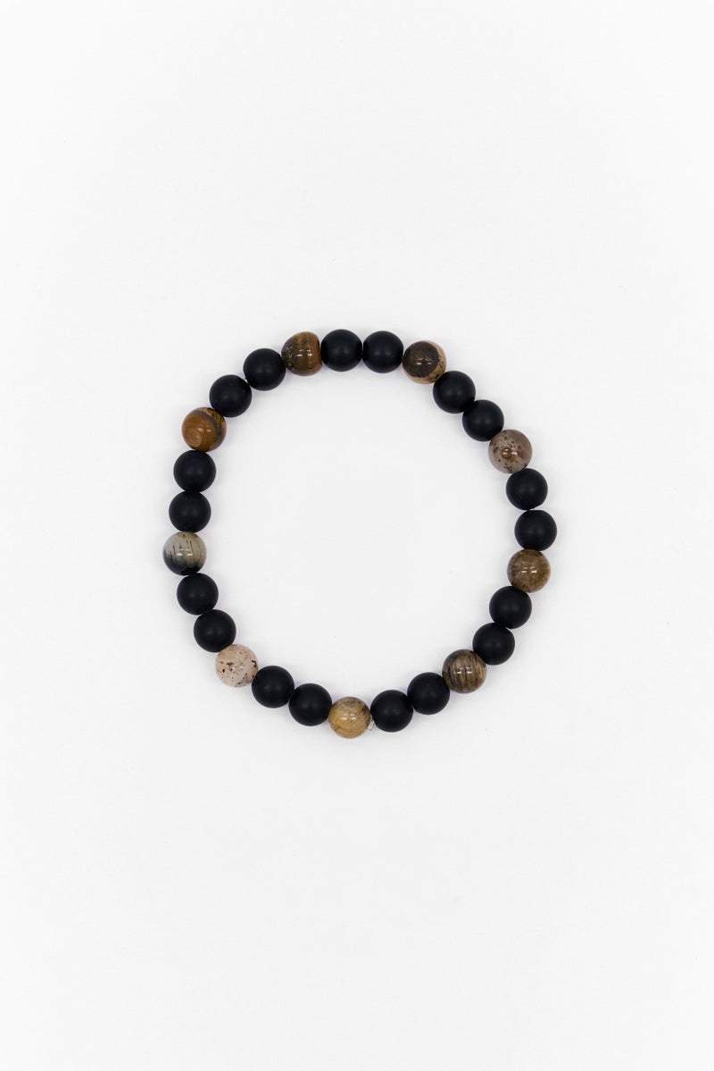 Steeltime Men Tiger Eye And Black Lava Beaded Stretch Bracelet, Black - Image 3